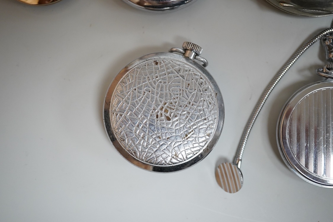 Eight assorted base metal pocket watches including 8 days, case diameter 65mm, a chrome cased Leonidas military, Ingersoll, Sekonda etc.